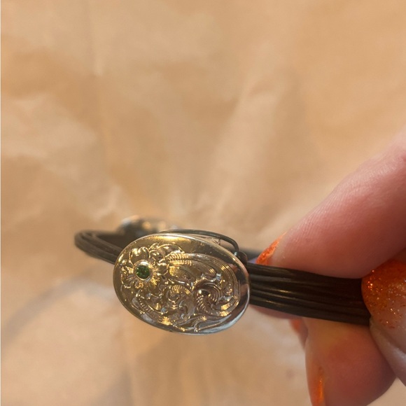 NWOT Silver and Black leather adjustable bracelet with green crystal accents. - Picture 2 of 7